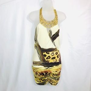 NWT SKY Leopard Ruched Dress L Wide Rhinestone Gem Collar RHOC ASOS